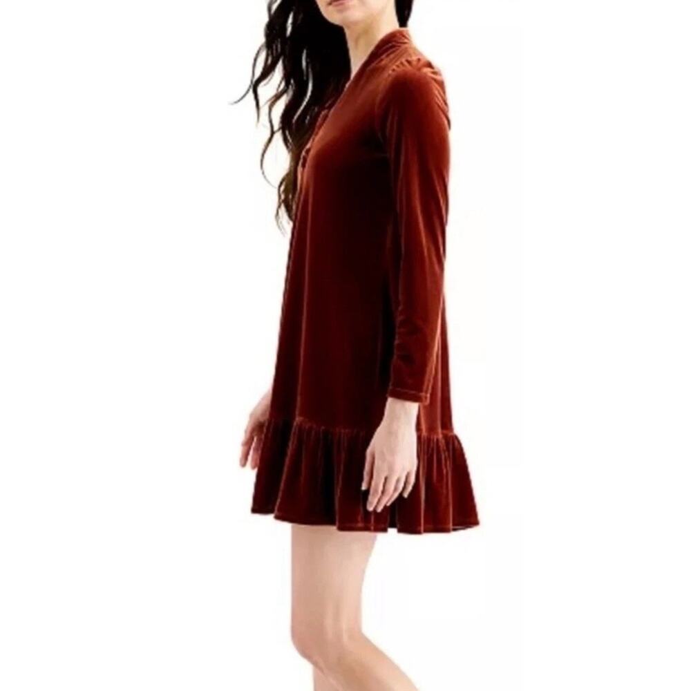Velvet Dress Brown‎ Rust Copper Fall Autumnal Ruffle Hem Mini Boho Babydoll S
